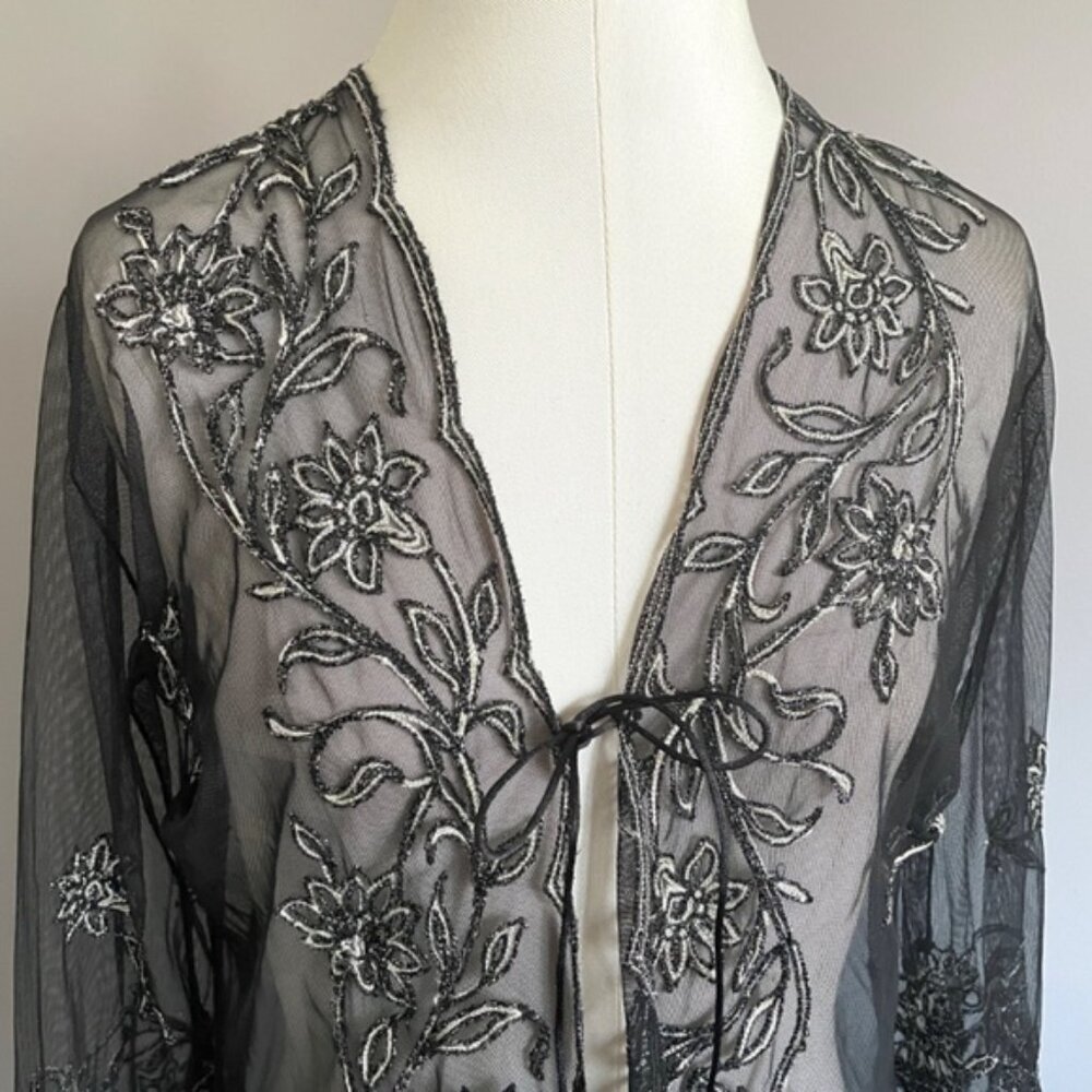 🛑 Vintage Black Mesh Mid-Length Cover-up Robe - Small/Medium - Picture 3 of 10